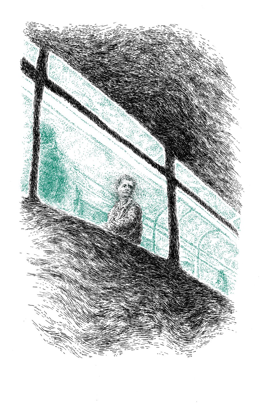 Figure seen through the window of a passing train