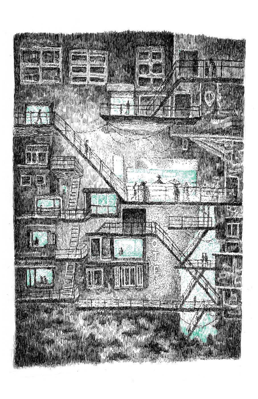 Stacked dwellings connected by catwalks and fire escapes